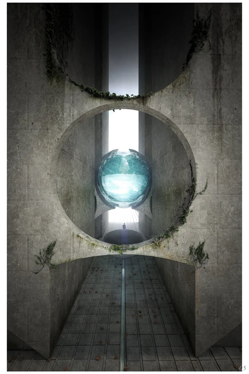 A suspended water core glows within monumental concrete walls, symbolizing life and memory.
