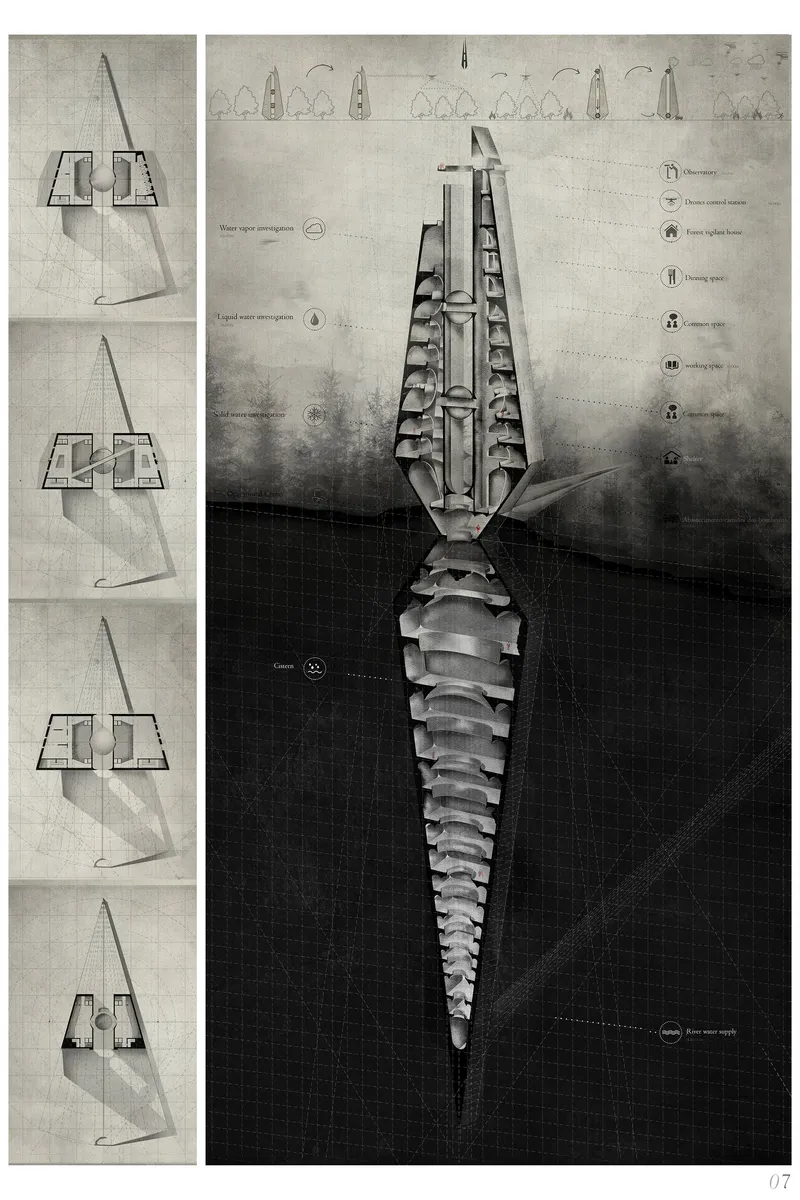 Sectional anatomy revealing cistern systems, observatories, and environmental control spaces.
