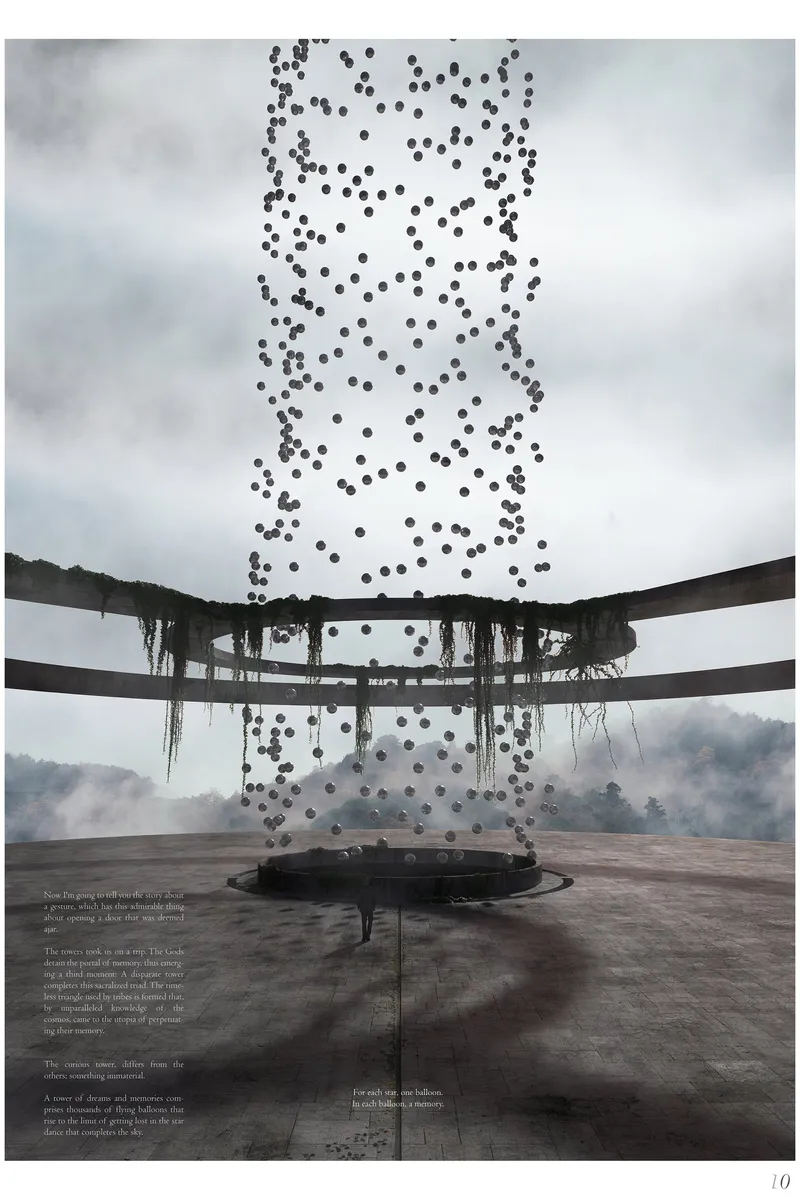 Floating spheres rise like stars—each one carrying a memory within the architecture.