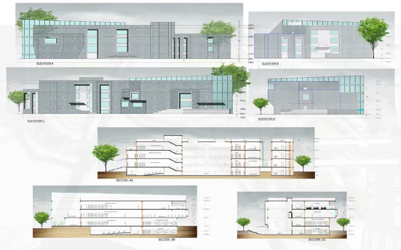 Elevations and sections of the Walking Library showcasing spatial layering and façade articulation.