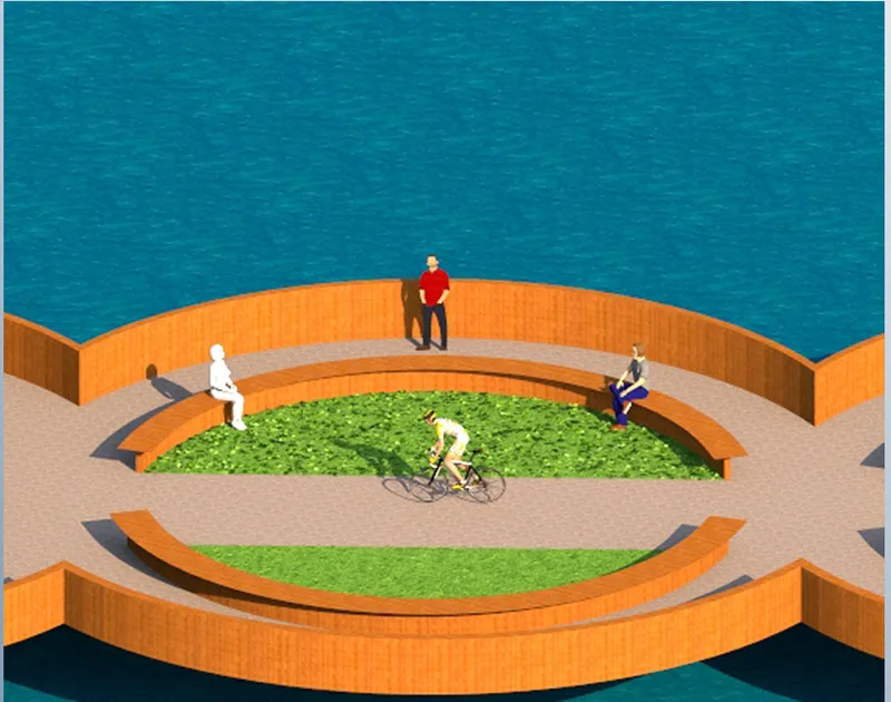 Central green lounge designed as a social public space integrated within the cycling bridge.