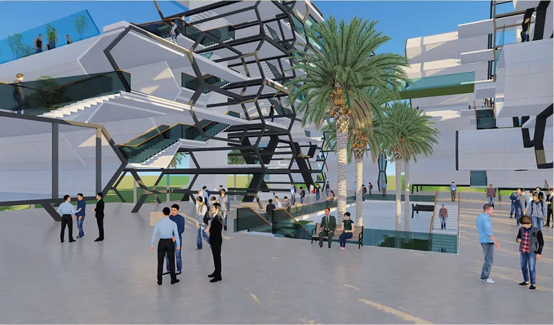 An open communal plaza activates the base, encouraging interaction and shared urban life.
