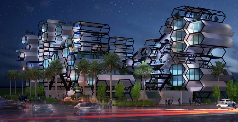 Illuminated modular capsules create a striking urban landmark after dark.
