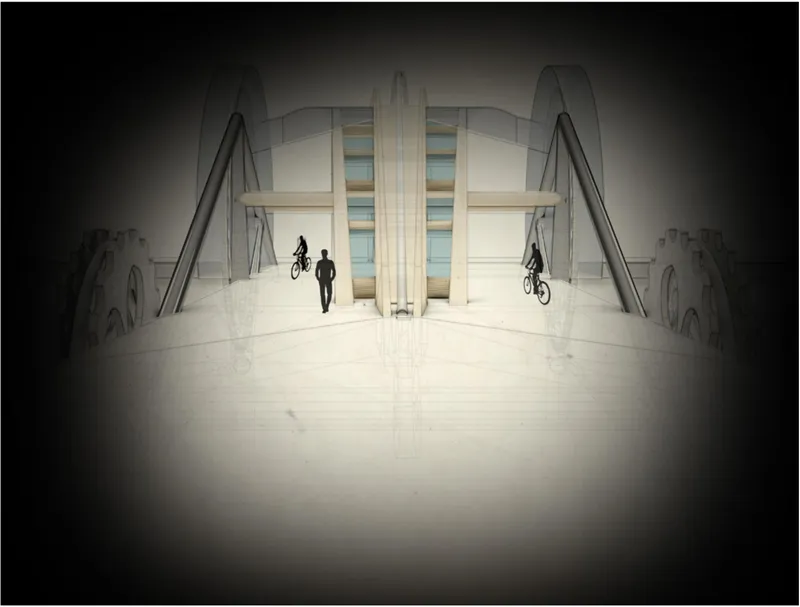 Central approach view emphasizing structural symmetry and dual-direction cycling paths.