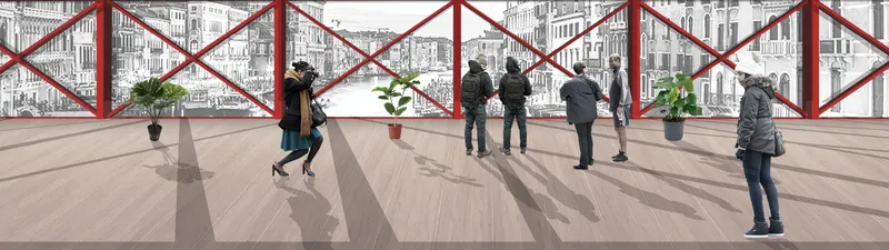Upper-level viewpoint offering panoramic urban vistas framed by the bridge’s bold red superstructure.
