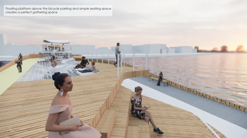 Floating timber deck with hammock-inspired seating creates a vibrant waterfront gathering space.