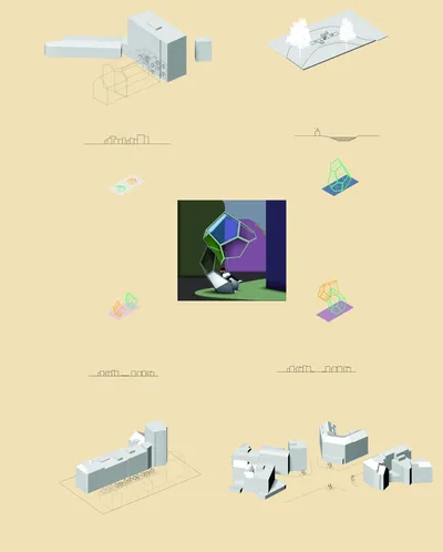 The image presents an architectural design concept through a series of axonometric projections, diag