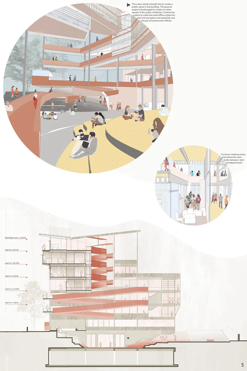 Interior view of the amphitheater courtyard where circulation, gathering, and informal participation overlap.