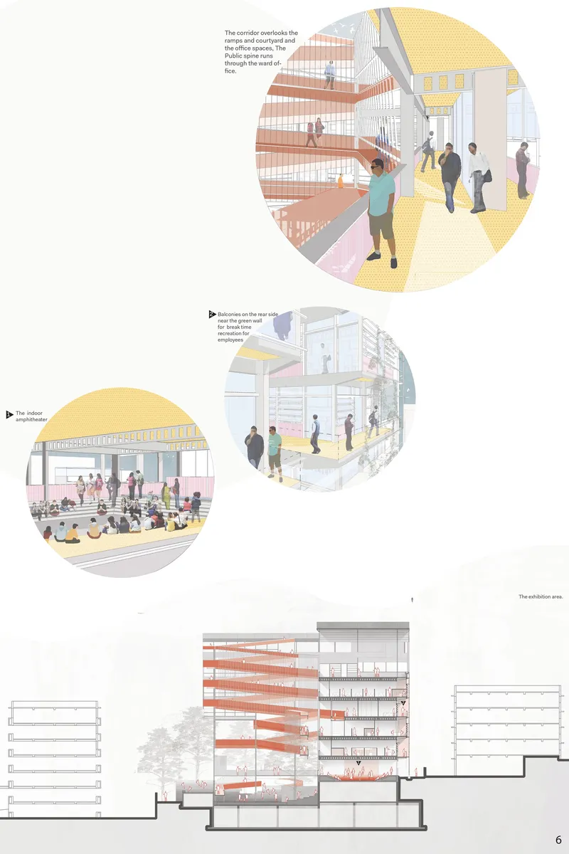 Section illustrating the continuous ramp, visual transparency, and layered public-to-private program distribution.