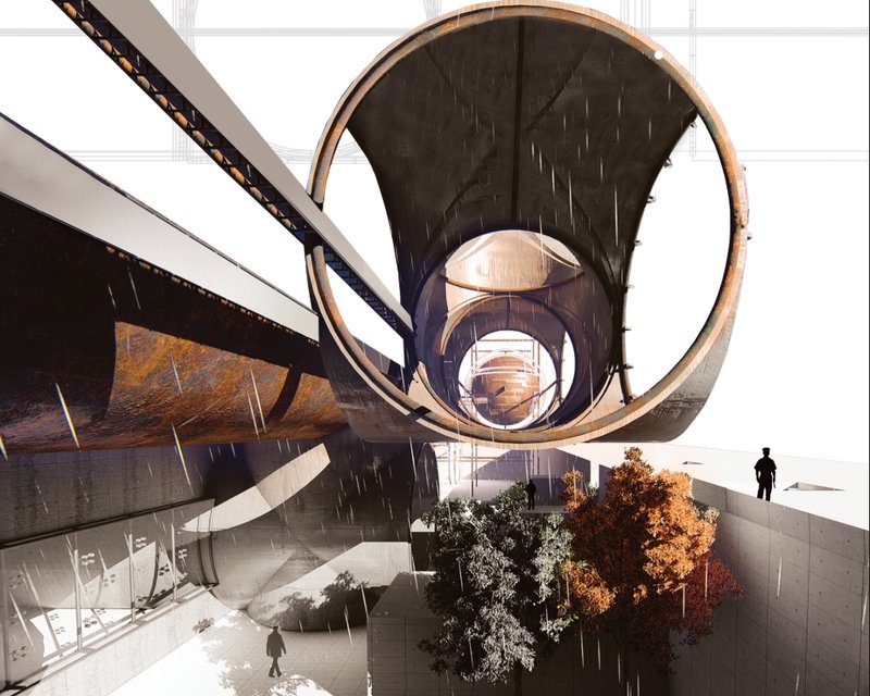 Futuristic prison architecture expressed through interconnected cylindrical volumes.