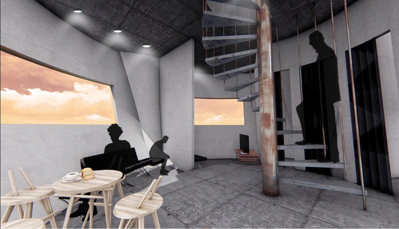 A circular living unit combining shared space, vertical movement, and controlled visibility.