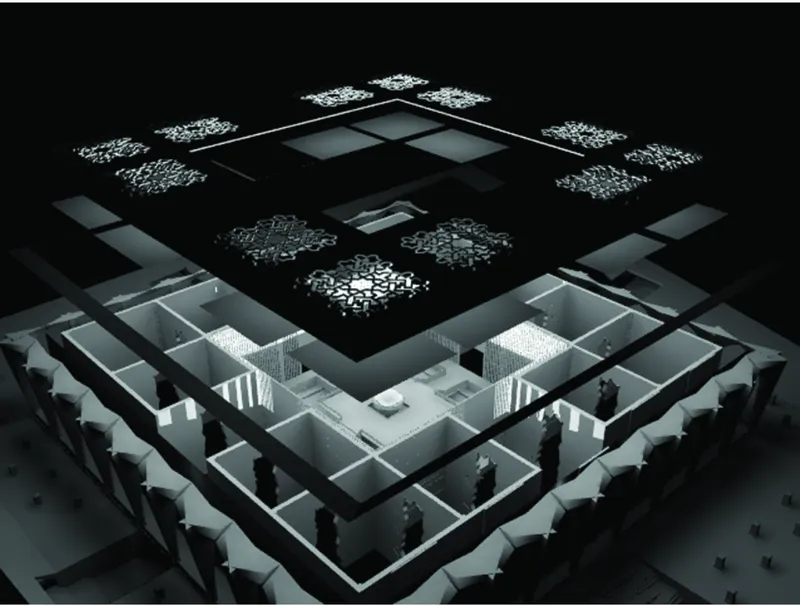 Exploded axonometric revealing layered memorial spaces beneath a lifted architectural plane.