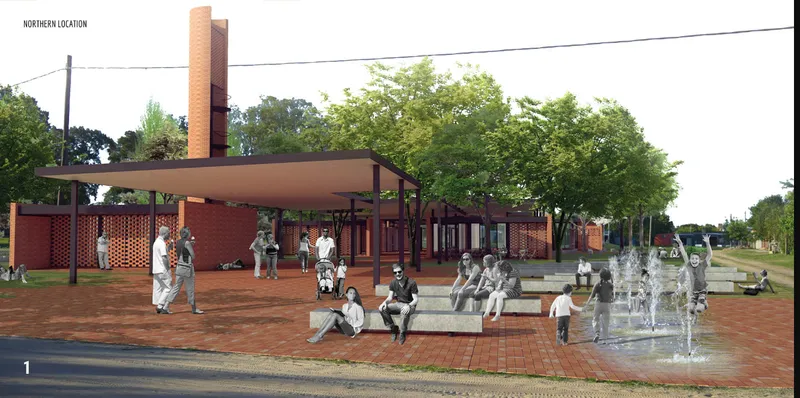Northern intervention node activating public space through shaded plazas and community gathering areas.