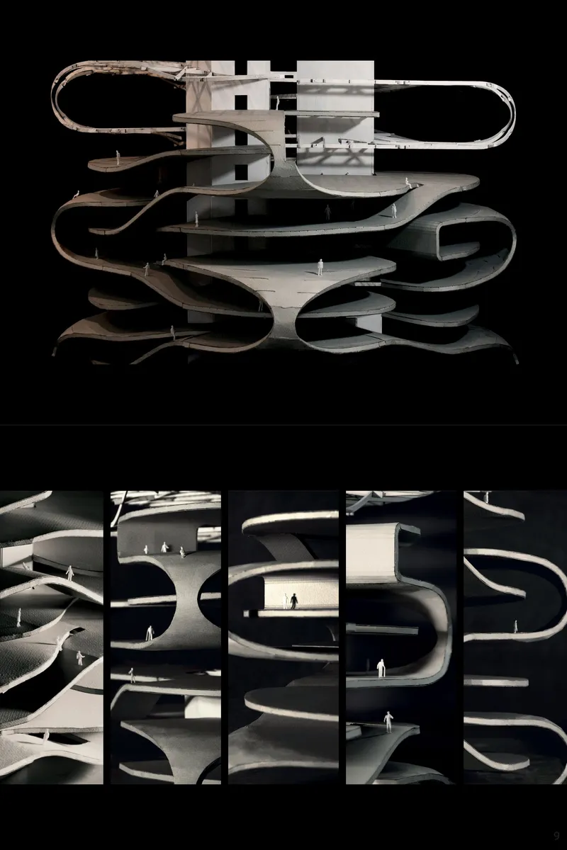 Conceptual architectural model exploring fluid floor plates and layered spatial organization.