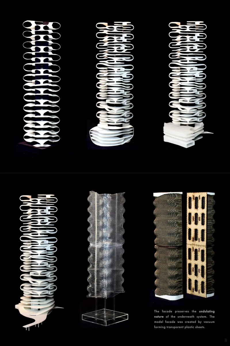Iterative form studies showing the evolution of the tower’s stacked structural modules.