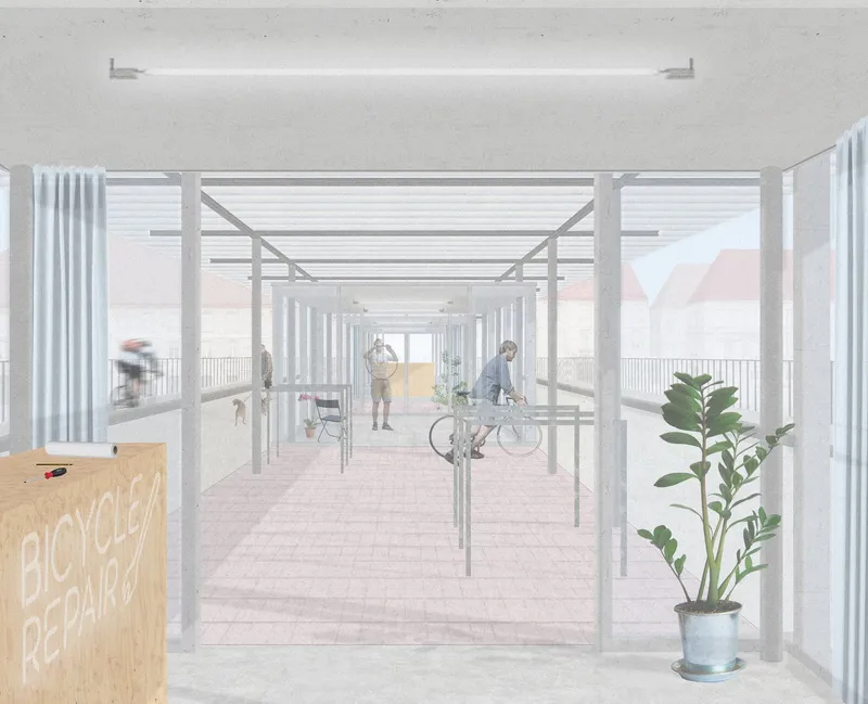 Flexible pavilion space integrating bicycle repair, social interaction, and shaded circulation along the bridge.