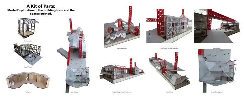 Model exploration showcasing structure, façade, and tensile systems.