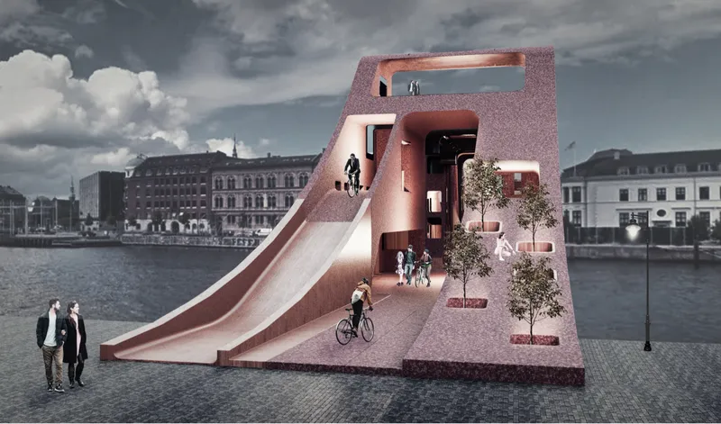 Sloped hypersurface inviting cyclists and pedestrians into an integrated urban bridge landscape.