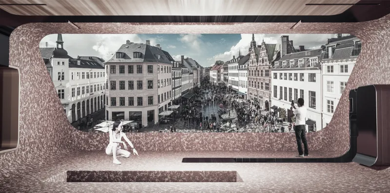 Framed urban panorama transforming infrastructure into immersive public space.