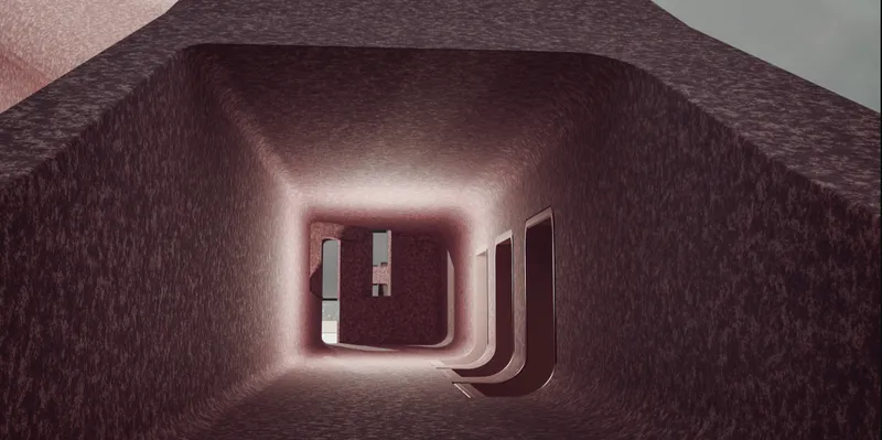 Interior hypersurface corridor blending movement, light, and spatial continuity.