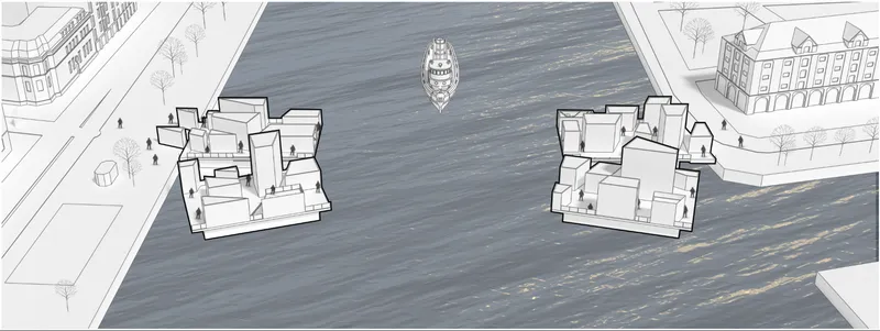 Floating bridge modules detached and repositioned, enabling dynamic urban waterfront connections.