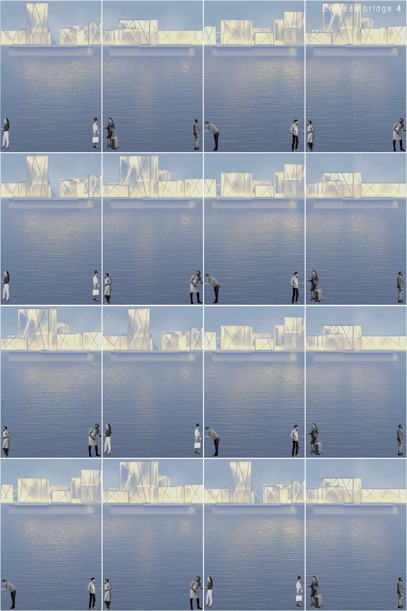 Multiple bridge configurations illustrating 122 possible spatial combinations and daily transformation.