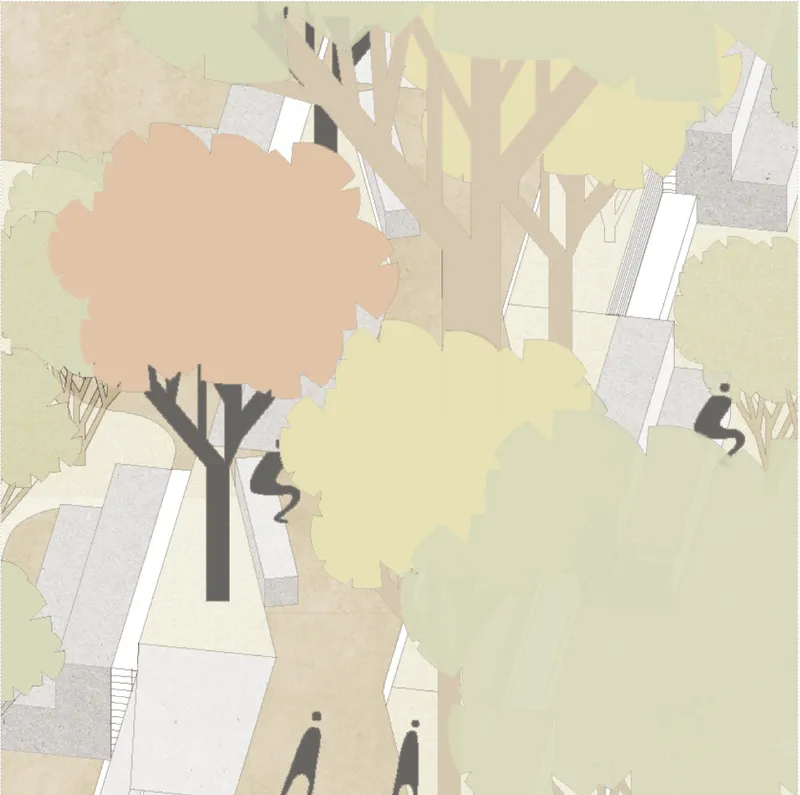 Tree canopies framing intimate pathways and ritual zones.