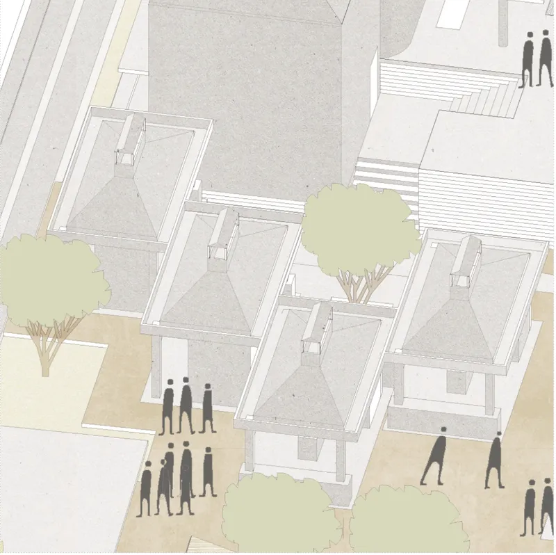 Cremation units embedded within a landscaped civic setting.