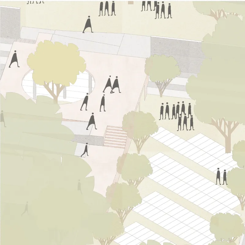 Public park terrace mediating movement and gathering.