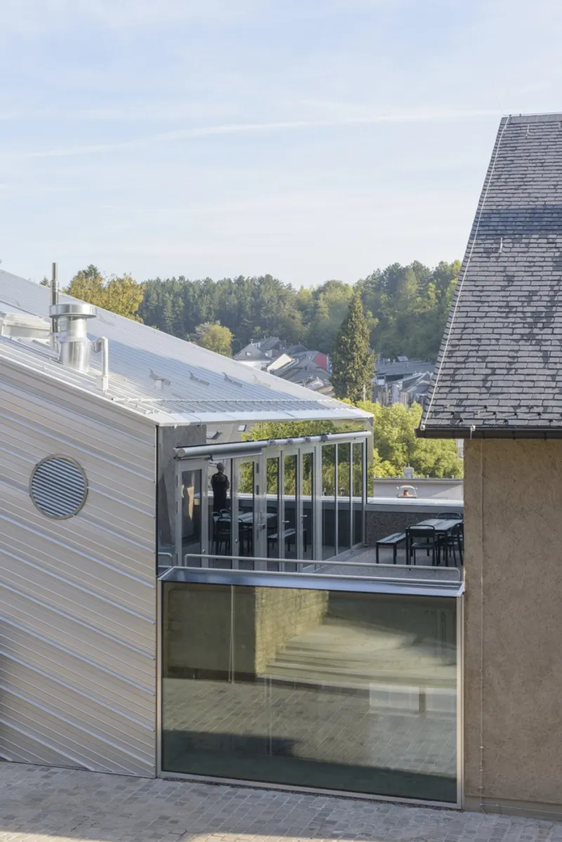 Ribbed metal rooftop addition with circular vent detail and rooftop terrace against a forested hillside