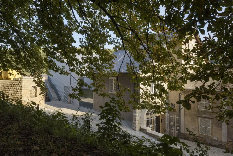 View through tree canopy of ribbed metal roof insertion between traditional masonry buildings at dusk