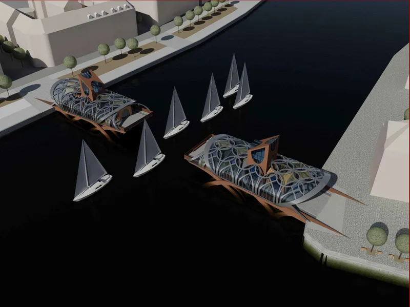 Southwest elevation revealing the telescopic bridge structure and flowing deck.