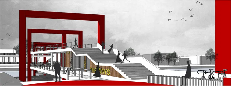A multi-level bridge redefines public space with bold red frames and layered pedestrian movement.