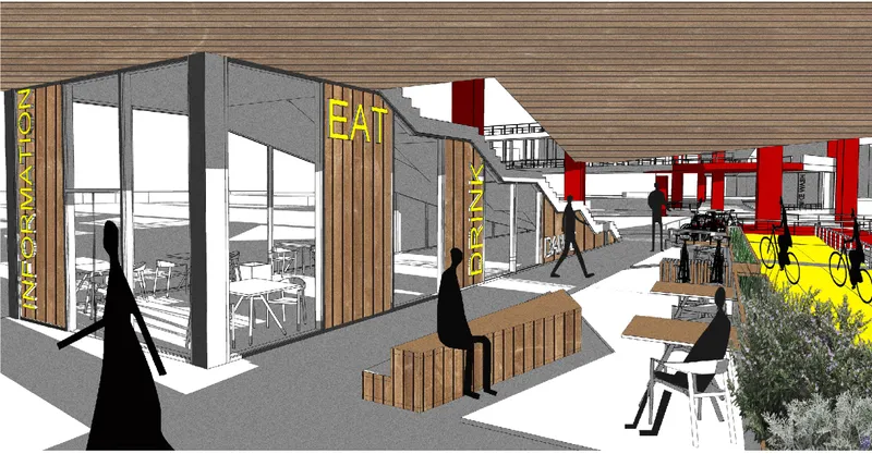 Café and interaction zones activate the lower level, blending transit with everyday urban life.