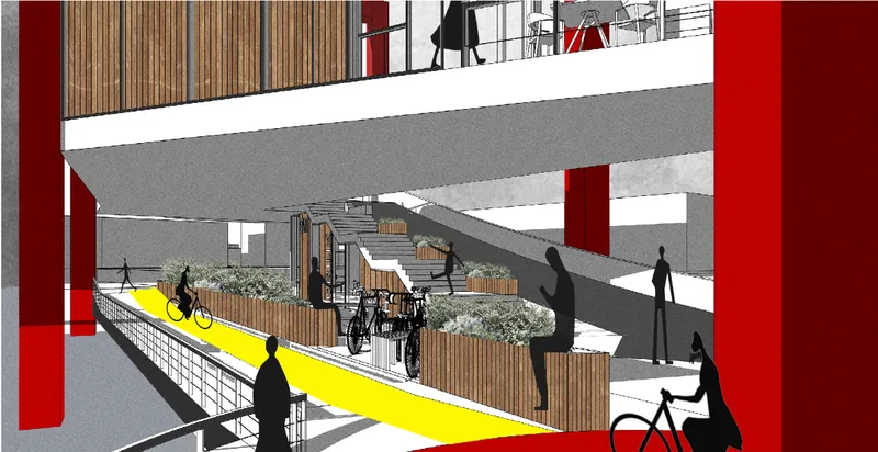 Dedicated cycling paths and green buffers promote sustainable mobility across the river.