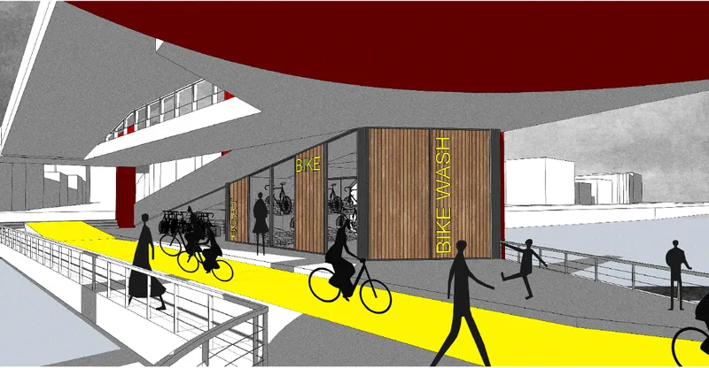 Bike wash and rental facilities integrate eco-friendly transport into architectural design.