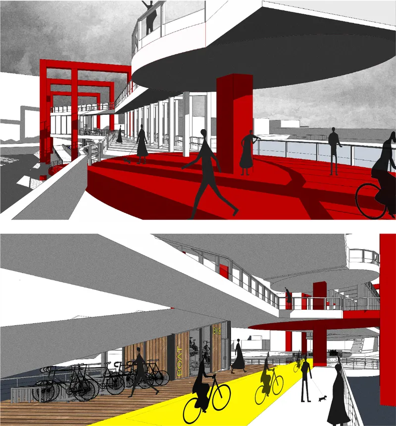 Upper-level viewing platforms create vibrant gathering spaces framed by structural red portals.