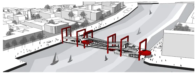 An aerial view reveals the bridge as a dynamic urban connector between two city edges.