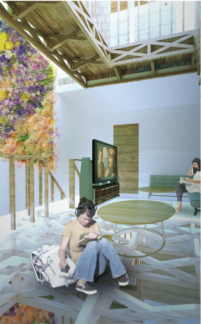 Translucent flooring and open voids create visual continuity across levels in a compact home.