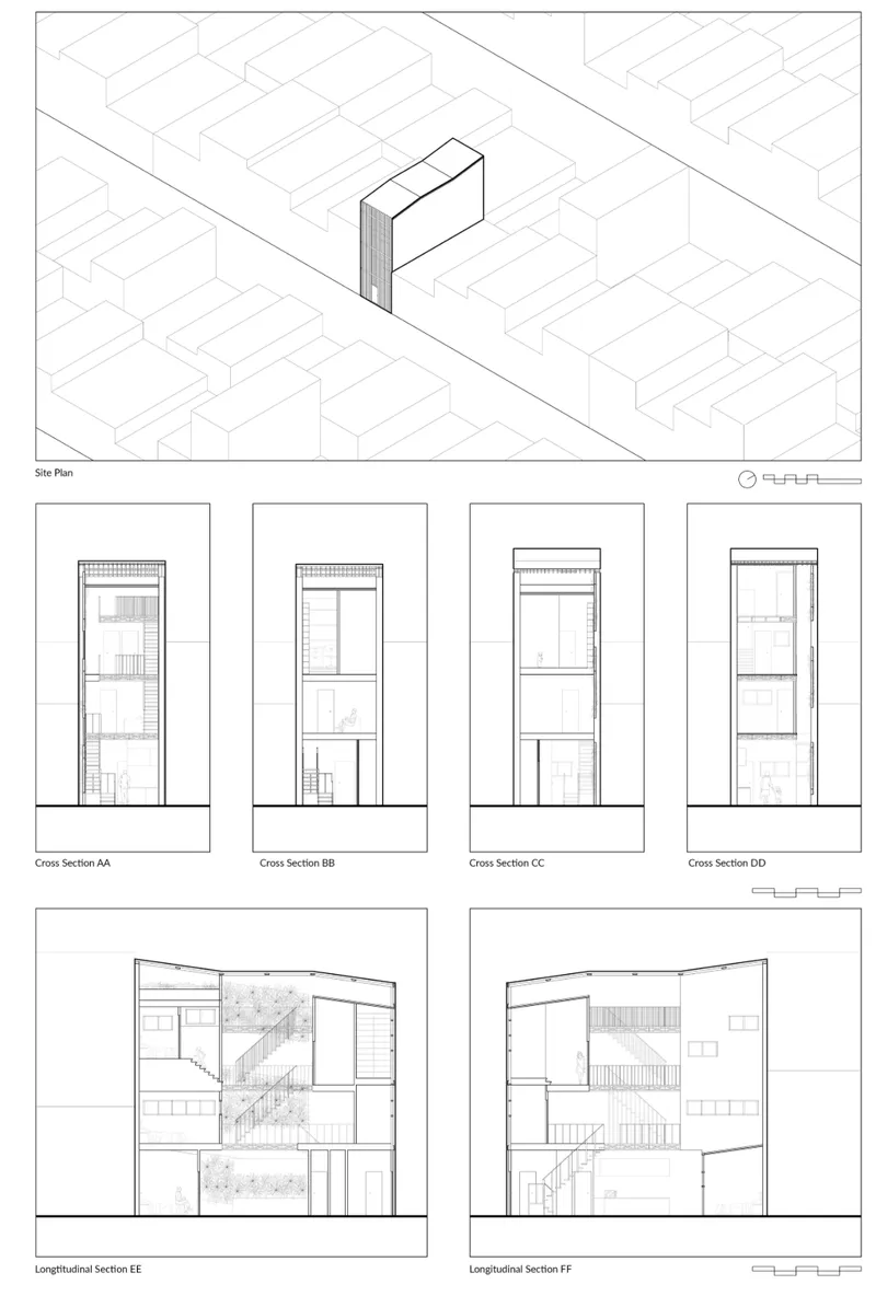 A narrow urban infill home articulated through vertical circulation and integrated light wells.