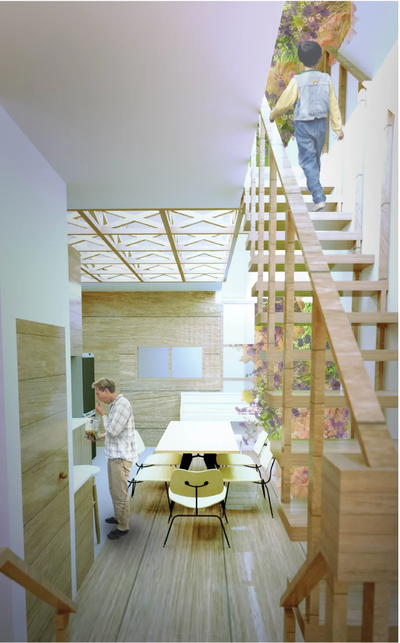 Open-plan dining beneath a sculptural stair, framed by vertical greenery and filtered daylight.