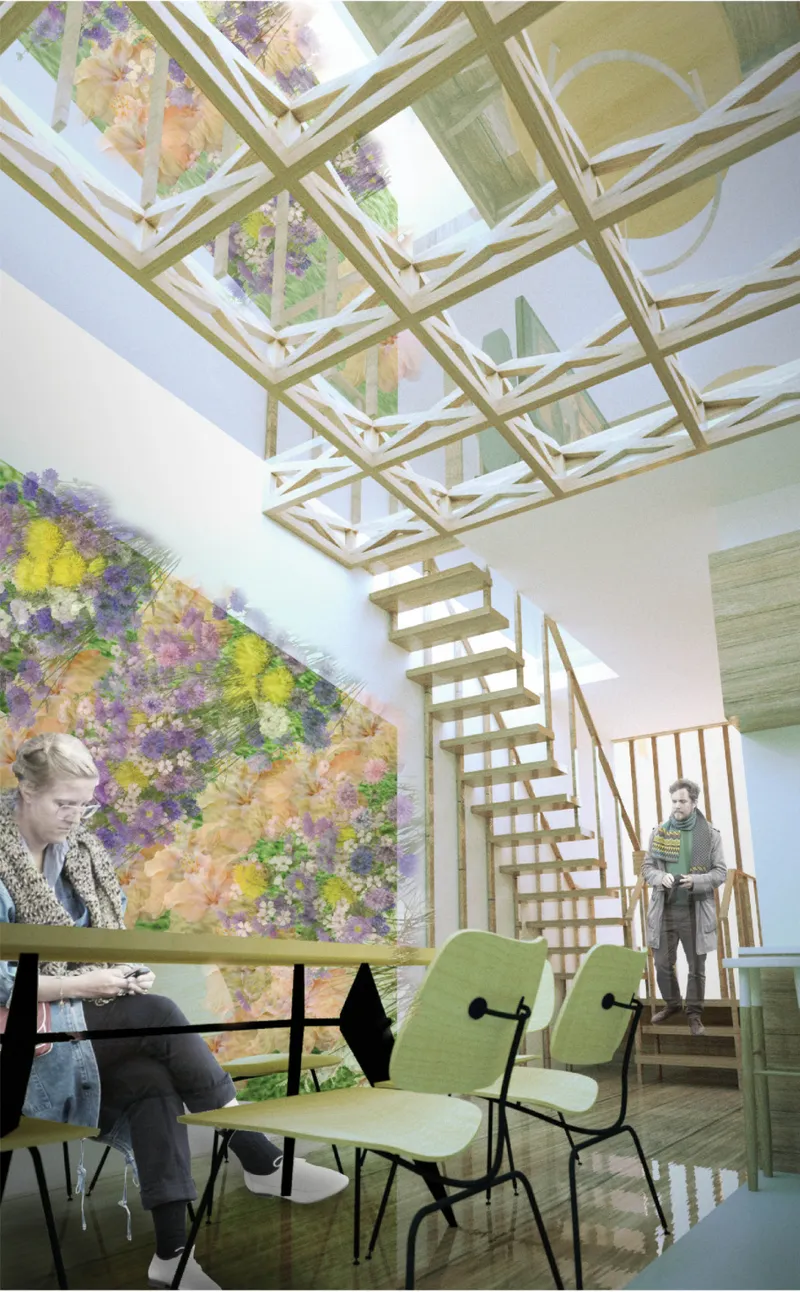 Sunlight cascades through a timber lattice ceiling, connecting floors through openness and nature.