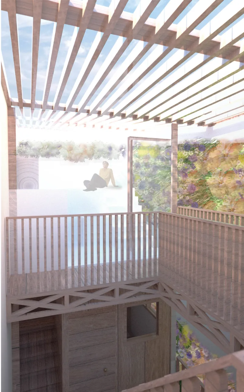 A light-filled rooftop retreat blending pergola shadows with vertical planters.