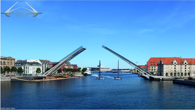 The 50m bascule leaves rise dramatically, transforming the bridge into a kinetic landmark on Copenhagen’s waterfront.