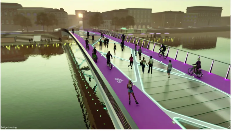 Separated cycle lanes and pedestrian paths create a safe, vibrant corridor for zero-carbon urban mobility.