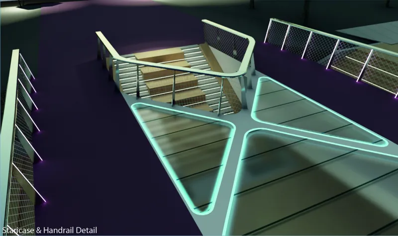 Integrated LED lighting and net parapets highlight the bridge’s precision detailing and modern maritime character.