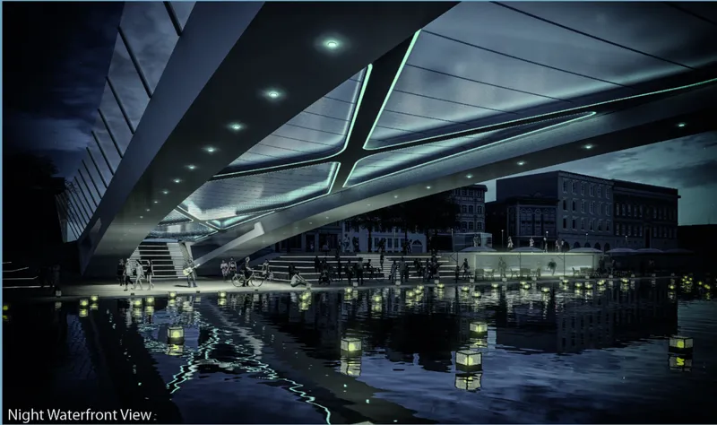 Illuminated structural geometry reflects on the canal, turning infrastructure into a luminous civic stage.
