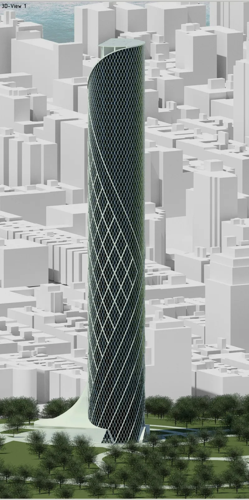 The aerodynamic mixed-use skyscraper rises from Central Park with a flowing diagrid façade defining its vertical identity.