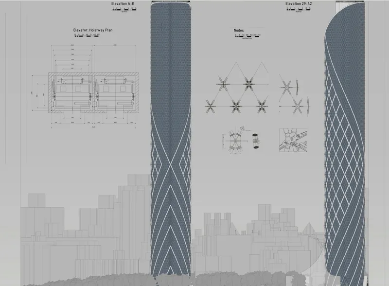 Diagrid structural system and elevation studies illustrating the tower’s wind-responsive geometry.