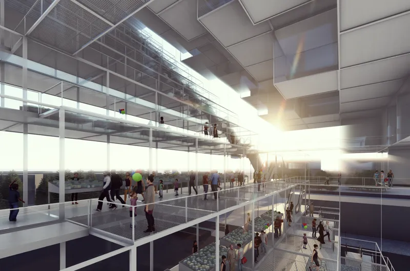 Elevated walkways and circulation decks creating visual connectivity across stacked restaurant modules.